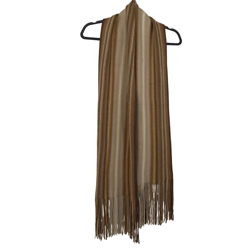 Knit Scarf Unisex OS Brown Striped Fringed Cozy Earth Tones